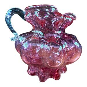 Vntg Cranberry Art Glass Pitcher Vase Clear Handle Vessel Decanter Carafe Flask